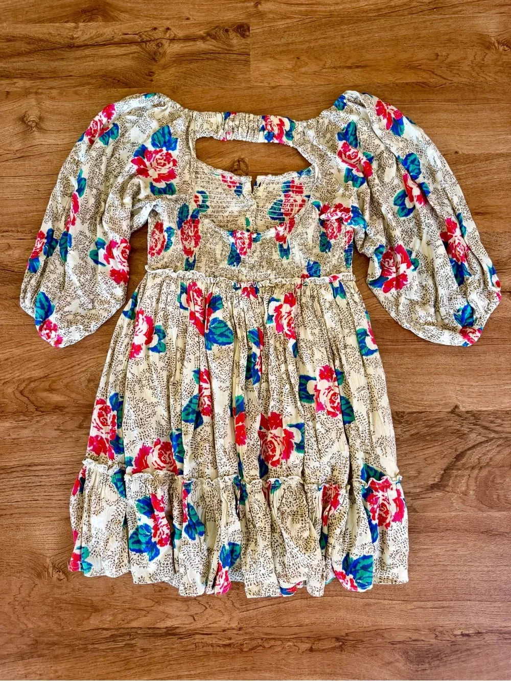 Free People Button Up Smocked Cream Mini Dress with Red & Teal Floral Print